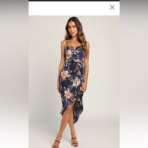 LULU’S- My Favorite Day Navy Blue Floral Print Tulip Skirt Midi Dress